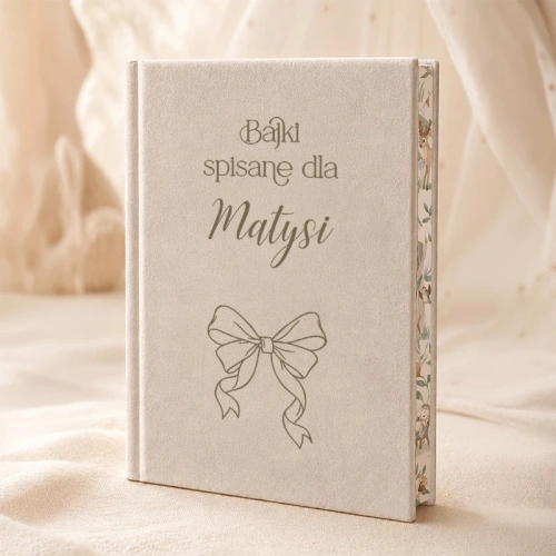 Personalizowana książka z bajkami dla dziewczynki ma elegancką beżową welurową okładkę z imieniem i delikatną kokardą.