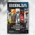 Personalizowana Biblia w formie komiksu z imieniem dziecka, życzeniami świątecznymi i kolorowymi ilustracjami postaci biblijnych na okładce.