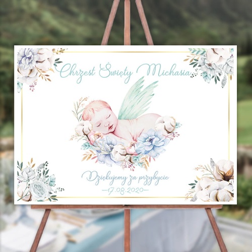 Personalizowana dekoracja na Chrzest chłopca. Dostosowany plakat z imieniem na Chrzciny.