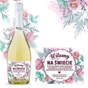 PREZENT na NARODZINY dla rodziców wino bezalkoholowe (+etykieta) Sweet Flowers