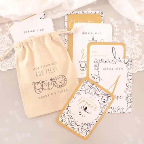KARTY do zdjęć Mój Pierwszy Rok Życia w ozdobnym woreczku 12szt