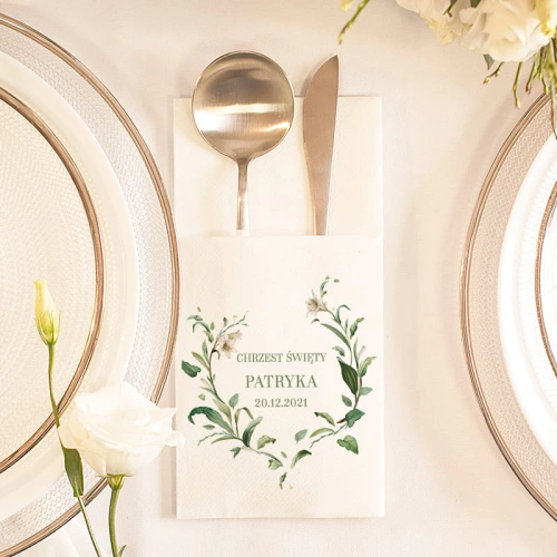 KIESZONKA na sztućce Delikatne Lilie z imieniem NA CHRZEST