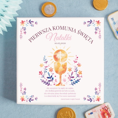 PREZENT komunijny czekoladowe monety  w pudełku Akwarelowy Kielich