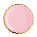 Papierowy talerzyk w kolorze różowym, z brzegiem w metalicznym złotym kolorze.