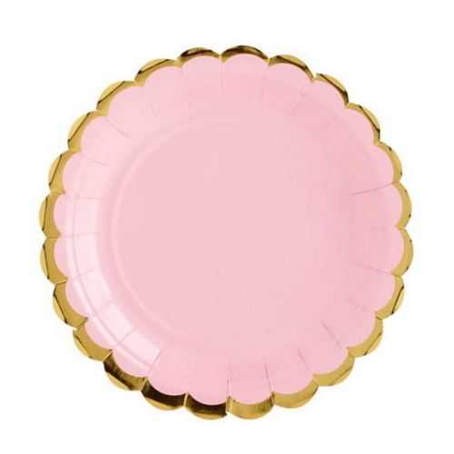 Papierowy talerzyk w kolorze różowym, z brzegiem w metalicznym złotym kolorze.