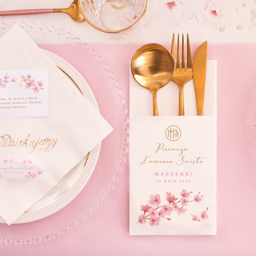 KIESZONKA na sztućce I Komunia Św. Różowe Magnolie z personalizacją