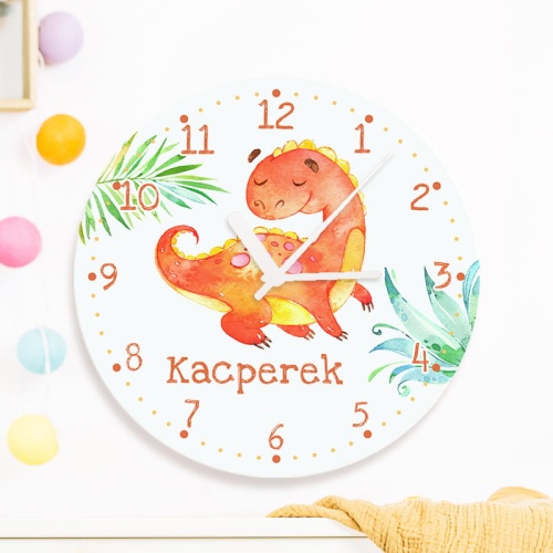 Personalizowany zegar ścienny dla dziecka z dinozaurem. Pomysł na prezent urodzinowy dla chłopca. Piękny zegar z imieniem dziecka.