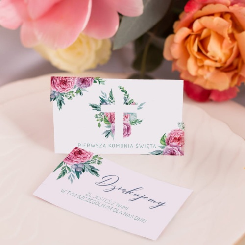 Elegancki bilecik z podziękowaniem dla gości na uroczystość Pierwszej Komunii dziewczynki.