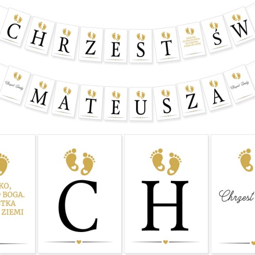 Baner dekoracyjny na Chrzest Święty. Motyw małych złotych stópek. Litery tworzą napis Chrzest Święty oraz imię dziecka.
