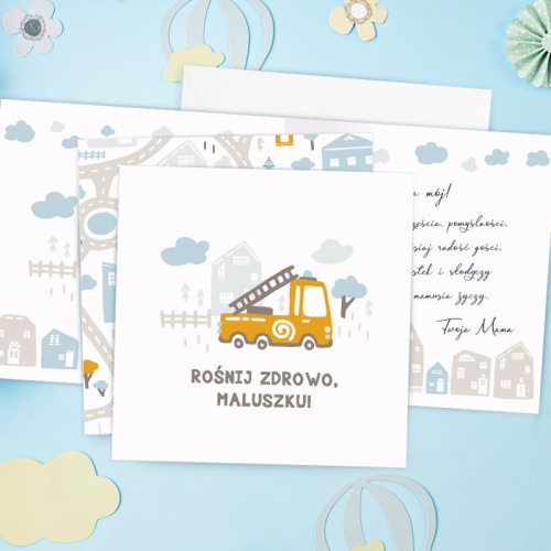 Biała kwadratowa kartka z motywem strażackim. Kartka do dołączenia do prezentu dla dziecka. Do samodzielnego wypisania.