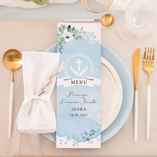 Menu komunijne w postaci zdobionej akwarelą karty. Obok białego tła widoczne kwietne zdobienia. Z drugiej strony miejsce na Wasze menu.
