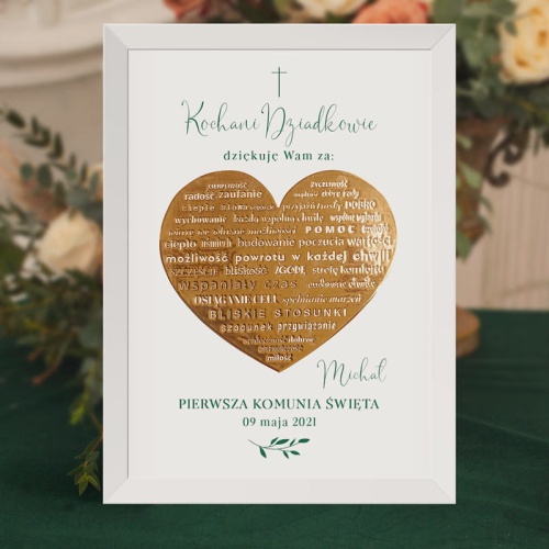 Personalizowany plakat dla dziadków w ramach podziękowania. Idealnie sprawdzi się jako prezent komunijny dla babci, dziadka. Na plakacie widnieje grafika z kolekcji Butelkowa Zieleń.