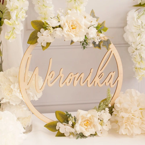 NAPIS drewniany okrągły dekoracja Białe Kwiaty