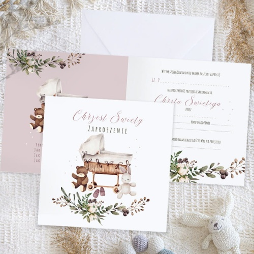 Zaproszenia na Chrzciny dziewczynki z różowym motywem. W elegancki sposób zaprosicie gości na przyjęcie.