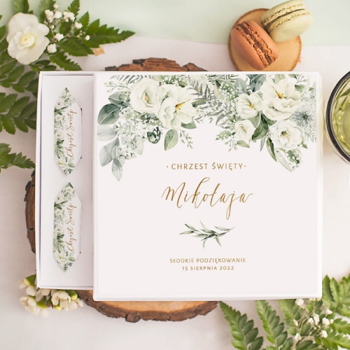 BOMBONIERKA Z Krówkami Podziękowanie na Chrzest Białe Kwiaty