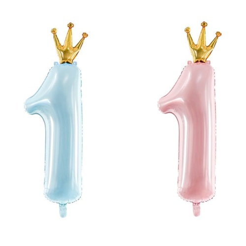 Balon na roczek z koroną błękitny lub jasnoróżowy.
