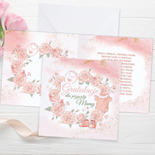Kartka na baby shower jest w otwieranej formie. Zachowana jest w różowej kolorystyce. W środku umieszczone są życzenia.