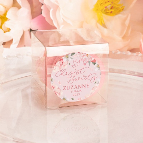 Pudełeczka podziękowanie dla gości na Chrzest. Personalizowane etykiety z imieniem dziecka.