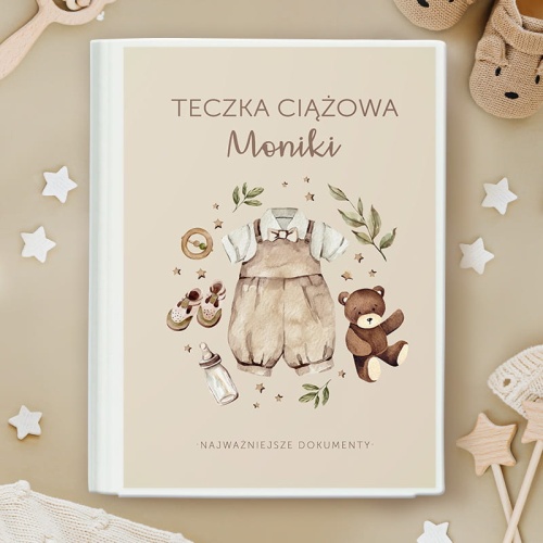 Teczka ciąży z imieniem przyszłej mamy. Miejsce do przechowania dokumentów, wyników badań, zdjęć USG.
