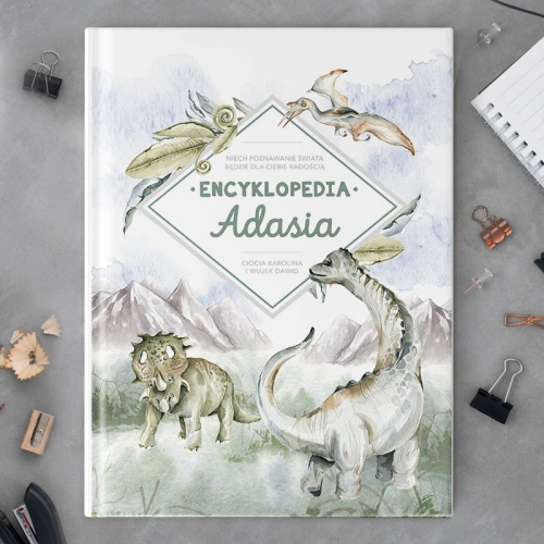 ENCYKLOPEDIA dziecięca na Prezent Okładka z imieniem dziecka i dinozaurami