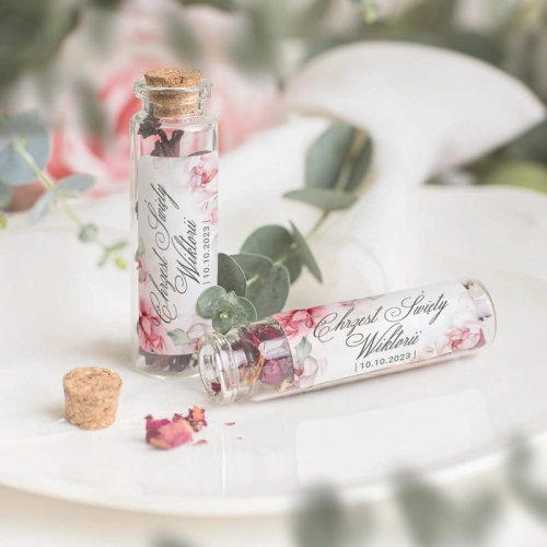 BUTELECZKA szklana z korkiem do uzupełnienia upominek dla gości Chrzest św. Kwiaty