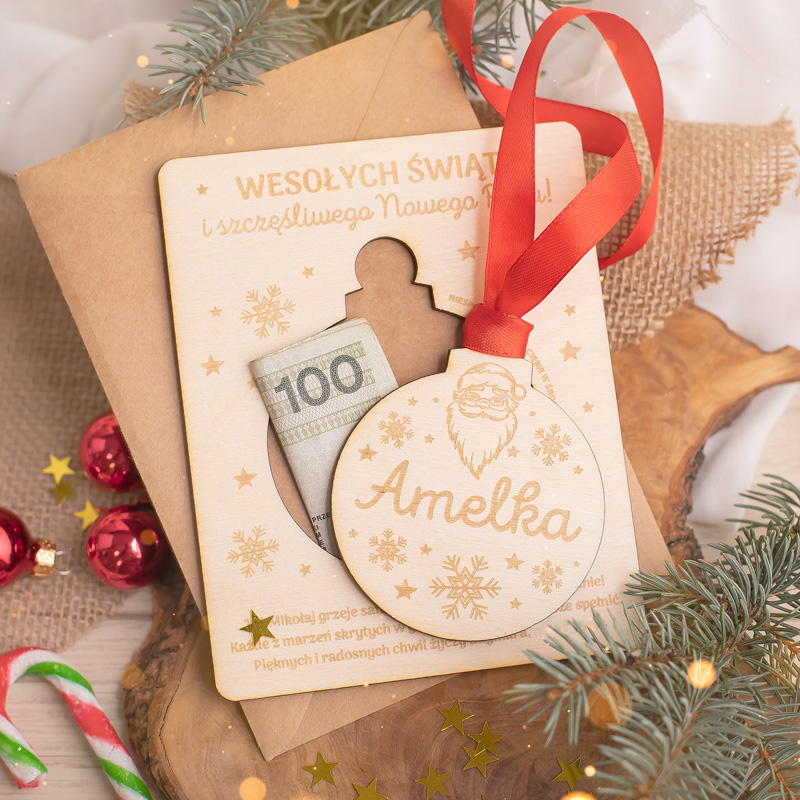 drewniana zawieszka z miejscem na banknot 